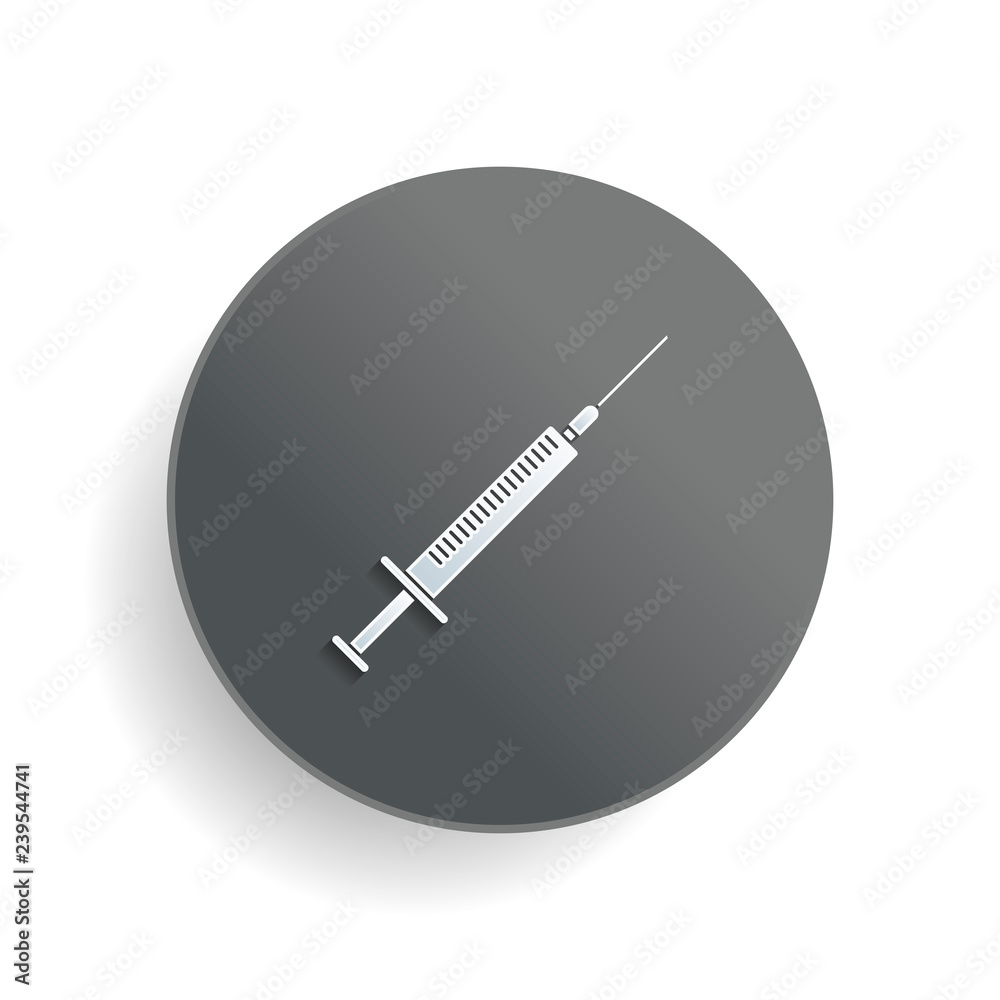 Syringe icon. White paper symbol on gray round button with shadow Syringe icon. White paper symbol on gray round button with shadow
