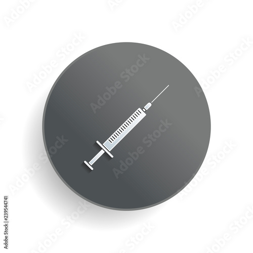 Syringe icon. White paper symbol on gray round button with shadow