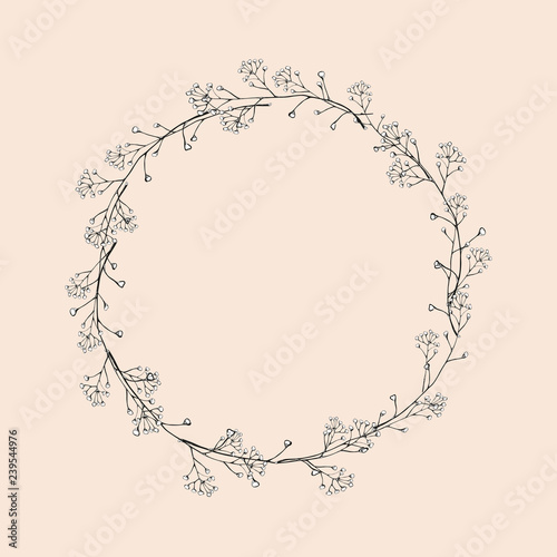 A wreath of branches with leaves. Openwork black and white river vector drawing. Isolated vintage illustration.