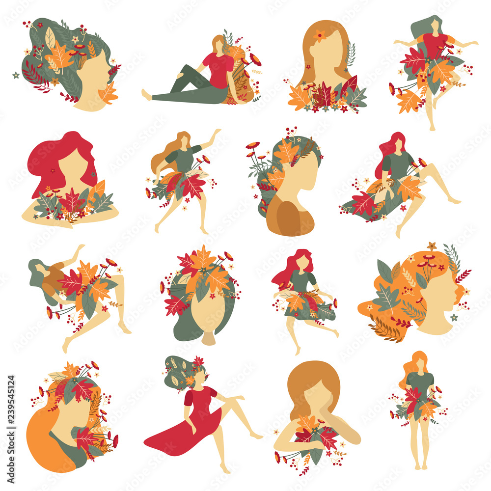 Fototapeta premium Girls Portraits Autumn Decorations Icons