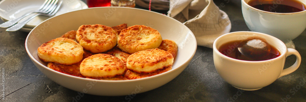 pancakes with chocolate (syrniki). food background