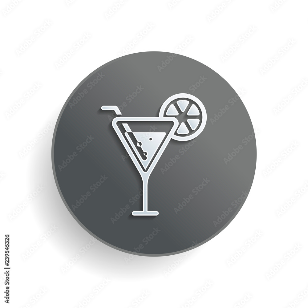 cocktail. simple silhouette. White paper symbol on gray round button with shadow cocktail. simple silhouette. White paper symbol on gray round button with shadow