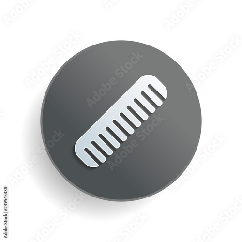 comb, hairbrush. simple silhouette. White paper symbol on gray round button with shadow