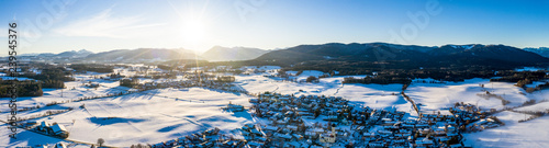 Aerial Winter Alpenvorland snow landscape in Bavaria, Germany