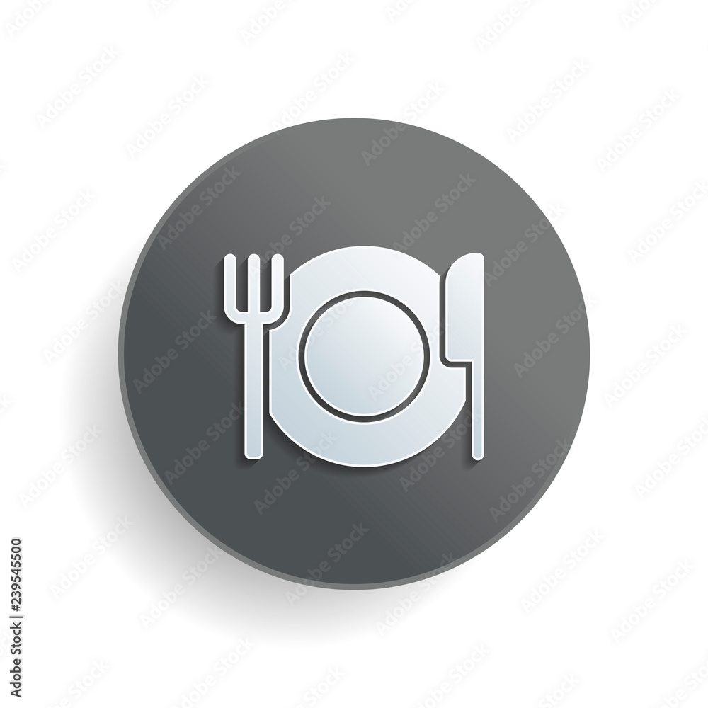 cutlery. plate fork and knife. simple silhouette. White paper symbol on gray round button with shadow