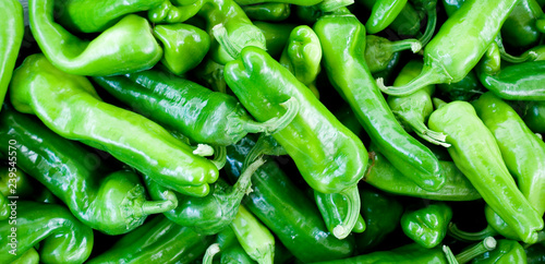 green peppers or Padr˜n Pepper, sweet, at local farmer market of vegetables, used as a spice or grilled, agriculture, cultivation, food, texture, vitamins, nourishment, nutrition, Milan, Italy