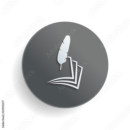 feather and paper. simple silhouette. White paper symbol on gray round button with shadow