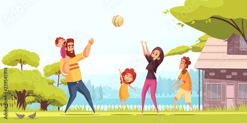 Family Playing Ball Cartoon Illustration