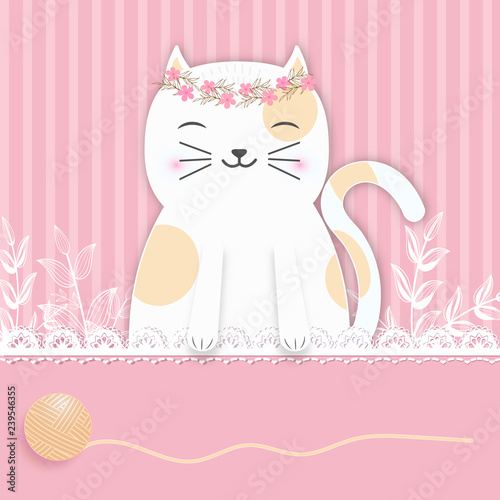 Cat on pink background for Greeting card, Baby shower card