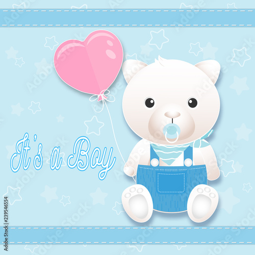 Baby boy shower card with teddy bear on blue. Greeting card paper art style