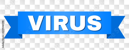 VIRUS text on a ribbon. Designed with white caption and blue stripe. Vector banner with VIRUS tag on a transparent background.