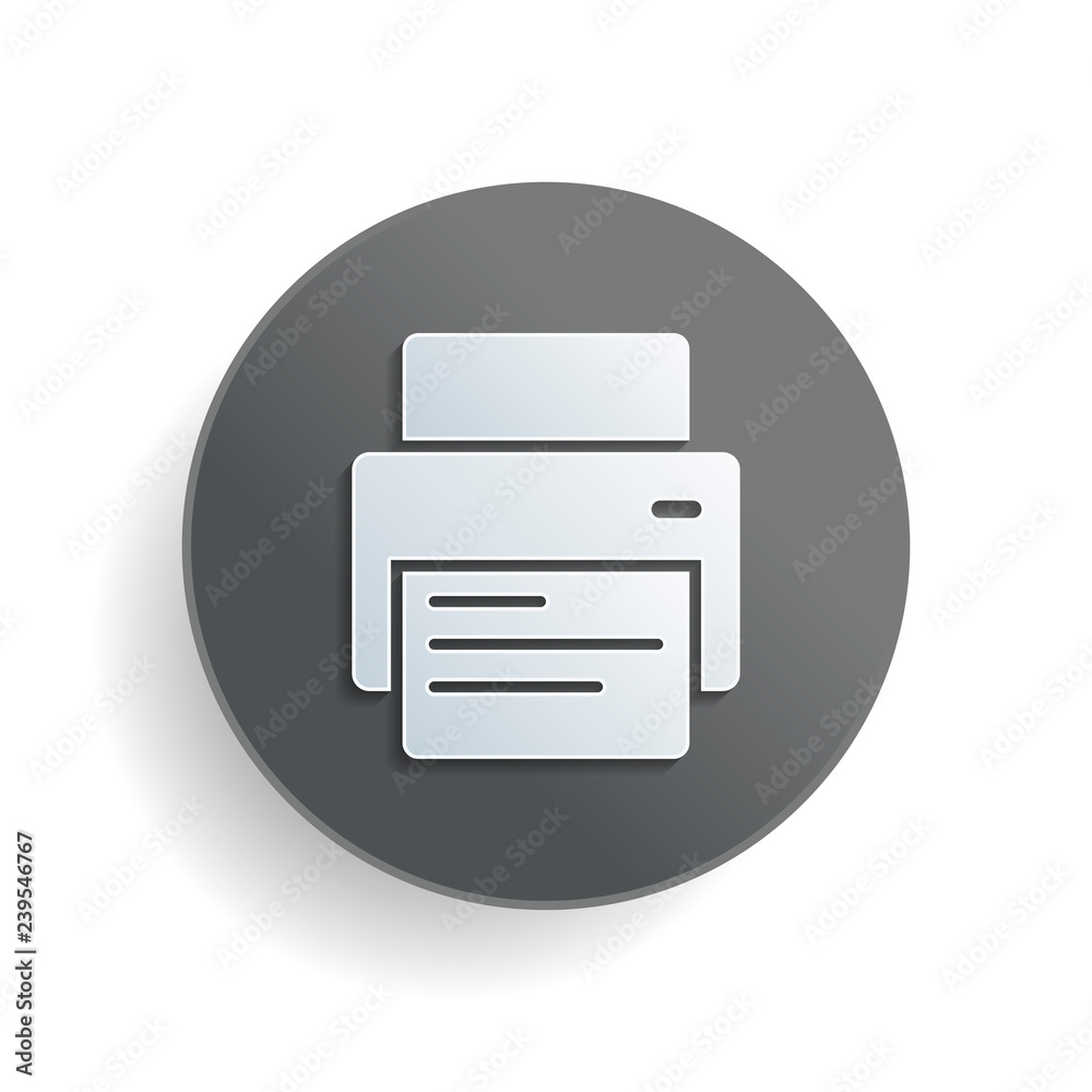 printer and paper. White paper symbol on gray round button with shadow printer and paper. White paper symbol on gray round button with shadow
