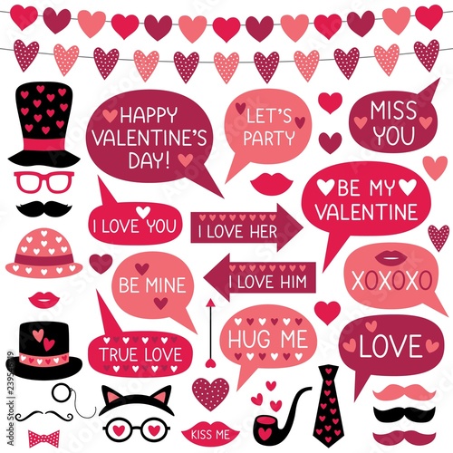 Valentines Day photo booth props (hats, lips, mustaches) and speech bubbles 