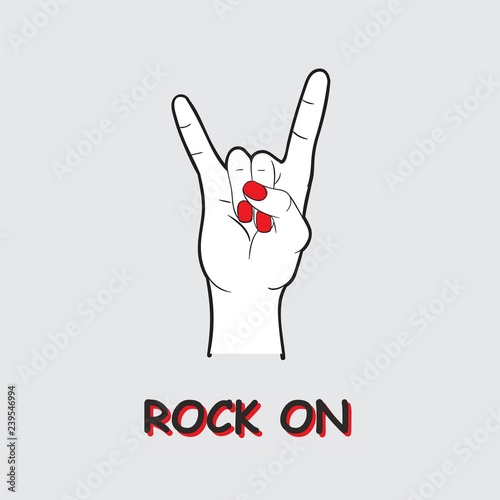 Vector illustration, fashion trendy lettering Rock on, rock'n'roll with hand with nail polish, print for t shirt, music festival logo, poster