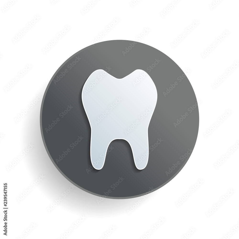 tooth. simple icon. White paper symbol on gray round button with shadow tooth. simple icon. White paper symbol on gray round button with shadow