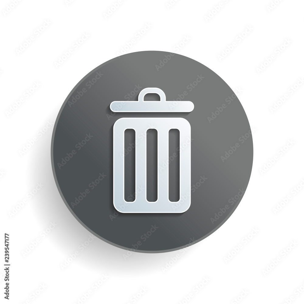 trash bin. simple icon. White paper symbol on gray round button with shadow