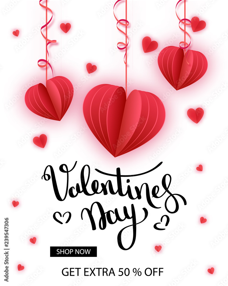Valentine s day Sale. Offer, banner template. Red heart in paper cut style on white background. Space for Text. Shop market poster design. Romantic Holidays. Love. 14 February. - Vector.
