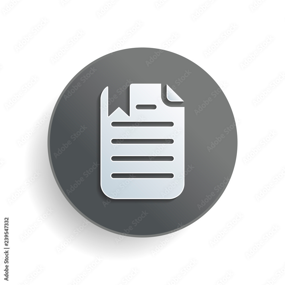 document with text and bookmark. White paper symbol on gray round button or badge with shadow document with text and bookmark. White paper symbol on gray round button or badge with shadow