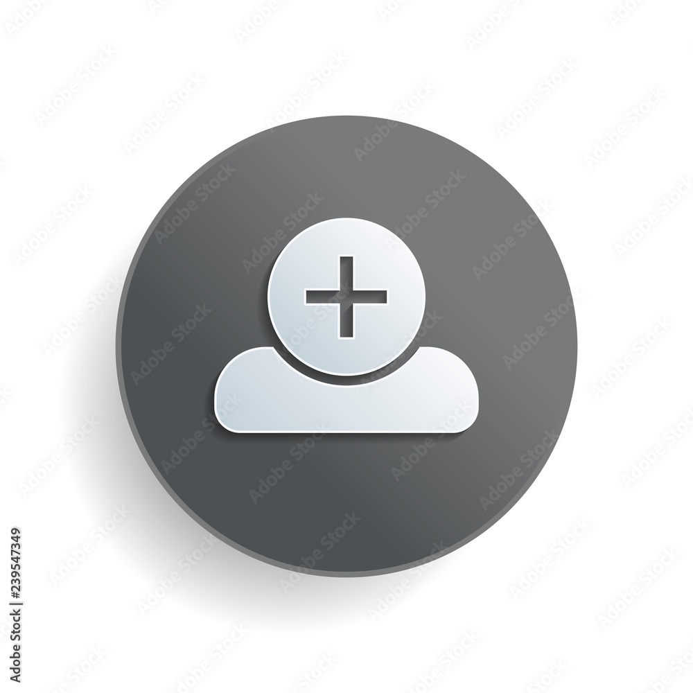 doctor, person with medical cross. White paper symbol on gray round button or badge with shadow doctor, person with medical cross. White paper symbol on gray round button or badge with shadow
