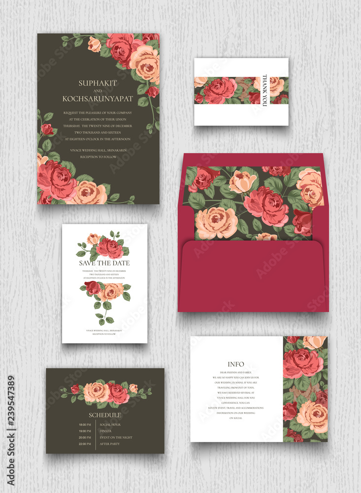 Purple rose invitation card and letter collection template.