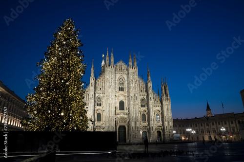 Milan (Italy) in winter: Christmas tree in front of Milan cathedral, Duomo square in december, night view.