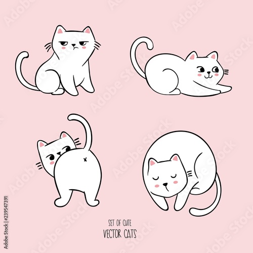 Vector illustration of four cats in different poses, set of cartoon white cats isolated on pink background