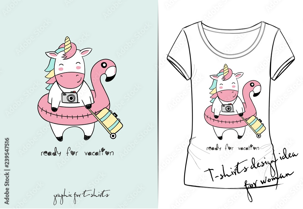 Vector t shirt of cute cartoon unicorn with inflatable flamingo for swimming pool, suitcase, camera, handwritten, sketch imitation