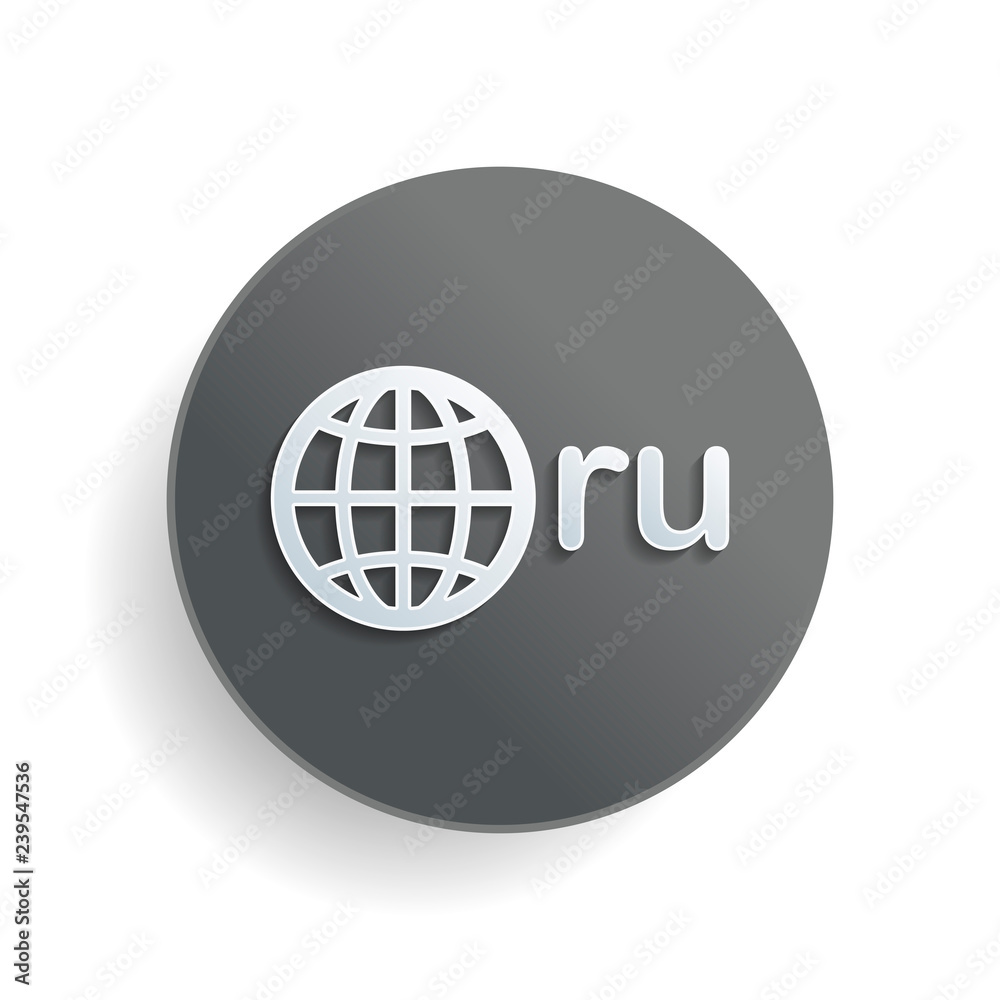 domain of Russia, globe and ru. White paper symbol on gray round button or badge with shadow domain of Russia, globe and ru. White paper symbol on gray round button or badge with shadow