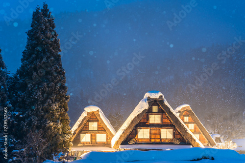 Snow falling on light Up Festival in winter at shirakawago Gifu Chubu Japan photo