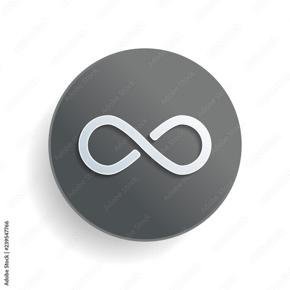 infinity symbol, simple icon. White paper symbol on gray round button or badge with shadow infinity symbol, simple icon. White paper symbol on gray round button or badge with shadow