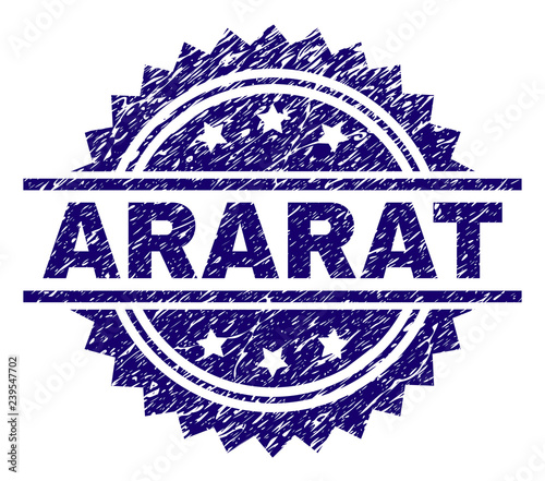 ARARAT stamp seal watermark with distress style. Blue vector rubber print of ARARAT text with unclean texture.