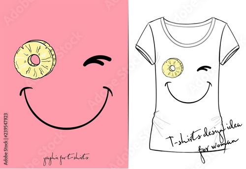 Vector t-shirt of positive winks smiley with slice of pineapple, fruit eyes, tropical summer card, fashion print for t shirt, happy face isolated on empty green background, drawn with a tablet