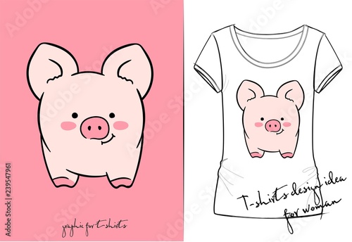 Vector t-shirt of cartoon cute pink pig drawn with a tablet, cute smiling character with big ears