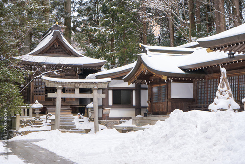 Snow falling in winter at temple Gifu Chubu Japan