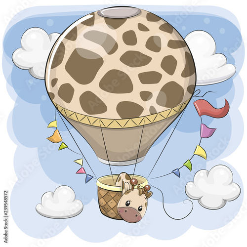 Cute Giraffe is flying on a hot air balloon