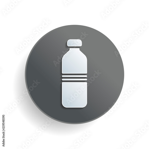 bottle of water, simple icon. White paper symbol on gray round button or badge with shadow