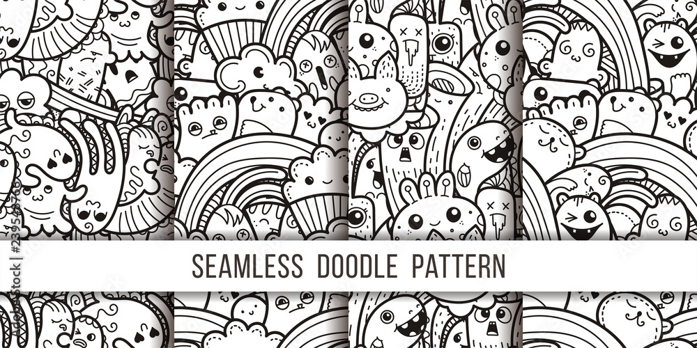 Collection of funny doodle monsters seamless pattern for prints, designs and coloring books Collection of funny doodle monsters seamless pattern for prints, designs and coloring books