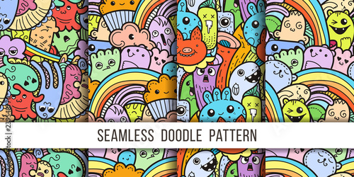 Collection of funny doodle monsters seamless pattern for prints, designs and coloring books