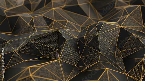 Abstract low-poly black background with golden lines