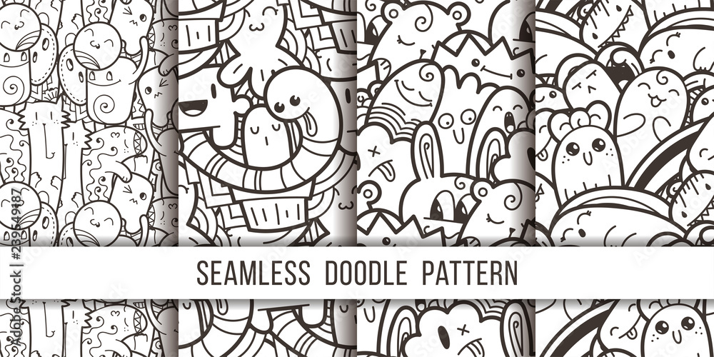 Obraz premium Collection of funny doodle monsters seamless pattern for prints, designs and coloring books