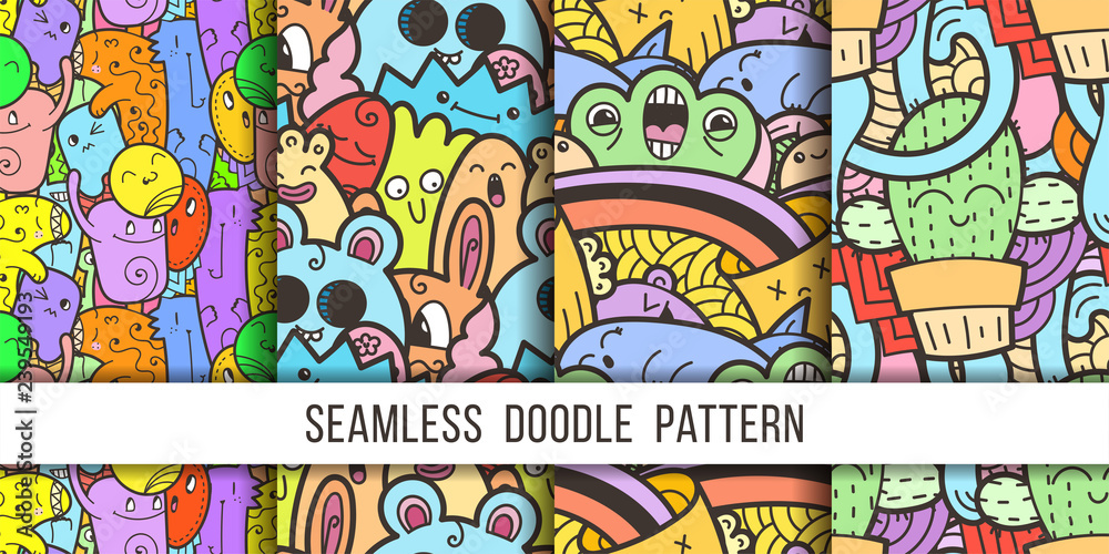 Collection of funny doodle monsters seamless pattern for prints, designs and coloring books Collection of funny doodle monsters seamless pattern for prints, designs and coloring books