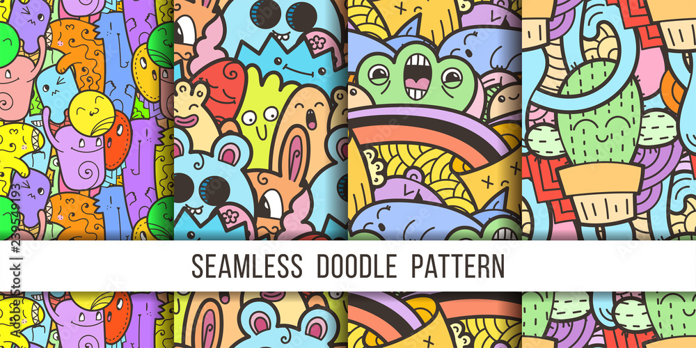 Collection of funny doodle monsters seamless pattern for prints, designs and coloring books