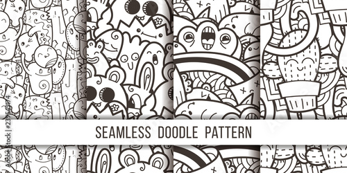 Collection of funny doodle monsters seamless pattern for prints, designs and coloring books