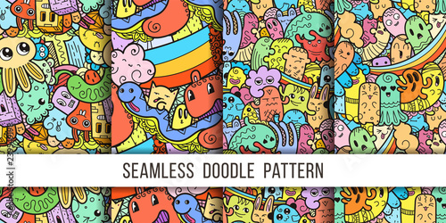 Collection of funny doodle monsters seamless pattern for prints  designs and coloring books