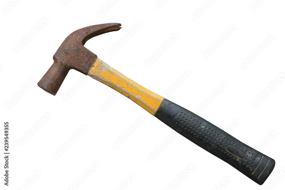 Old rusted yellow hammer on isolate white background with clipping path. Old rusted yellow hammer on isolate white background with clipping path.
