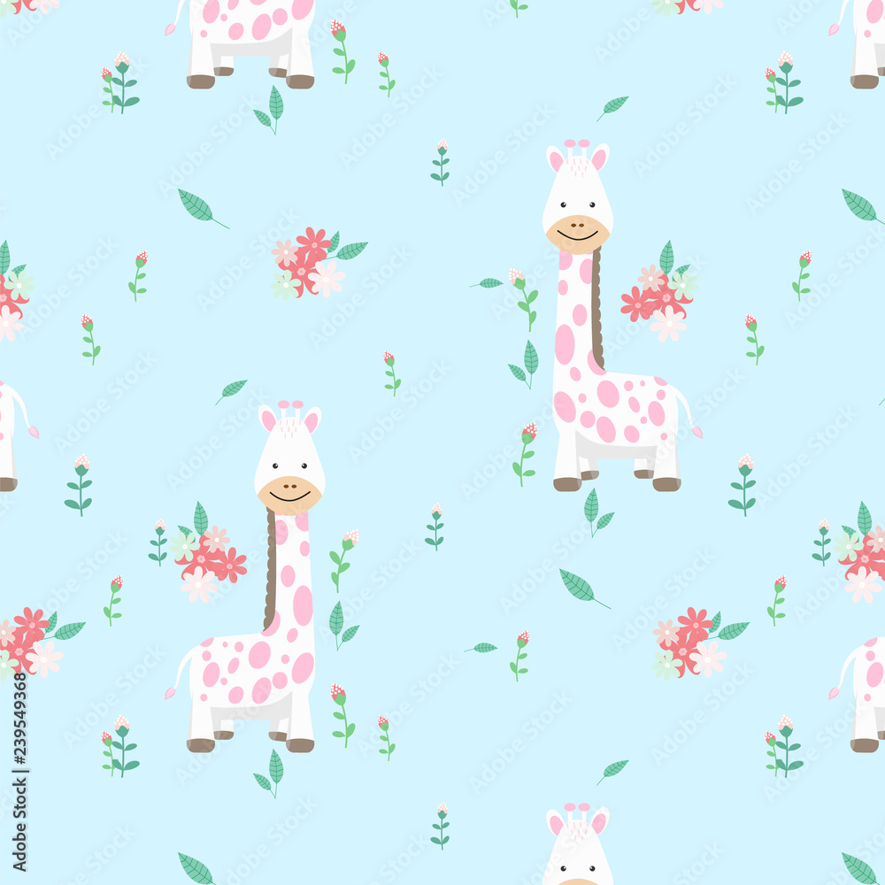 Fototapeta premium Cute giraffe with floral and leaf seamless pattern background illustration