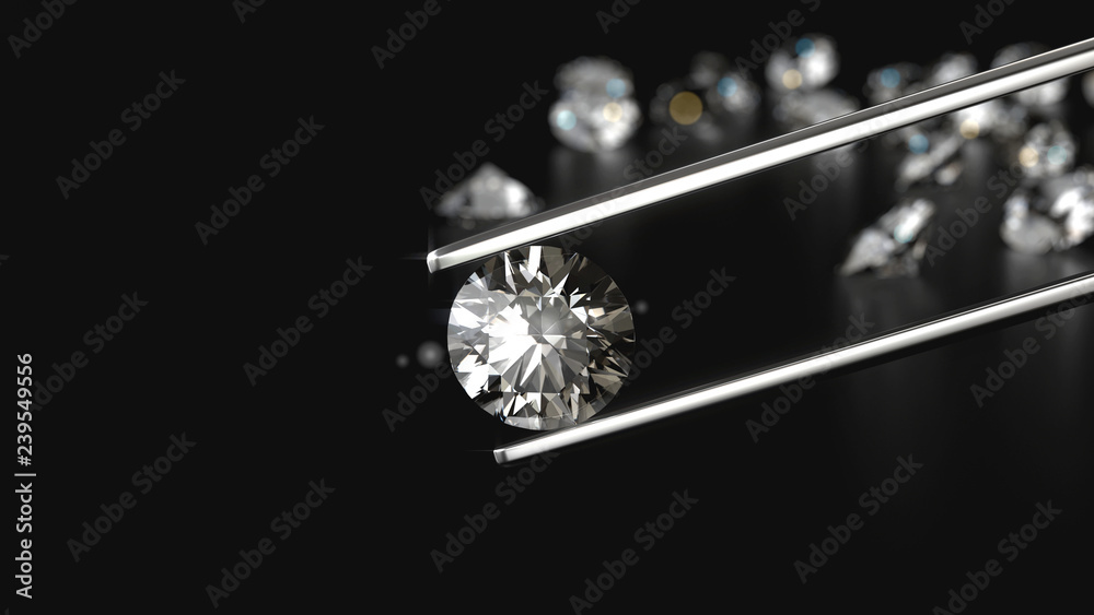 Diamond in tweezers on a dark background with diamonds group soft focusing, 3d rendering. Diamond in tweezers on a dark background with diamonds group soft focusing, 3d rendering.