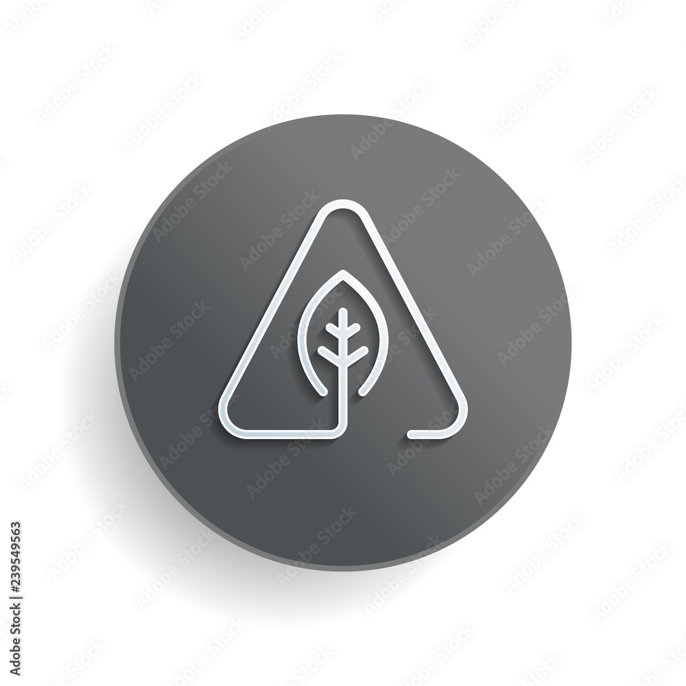 eco leaf in warning triangle. problem with ecology. linear symbol with thin outline. one line style. White paper symbol on gray round button or badge with shadow eco leaf in warning triangle. problem with ecology. linear symbol with thin outline. one line style. White paper symbol on gray round button or badge with shadow