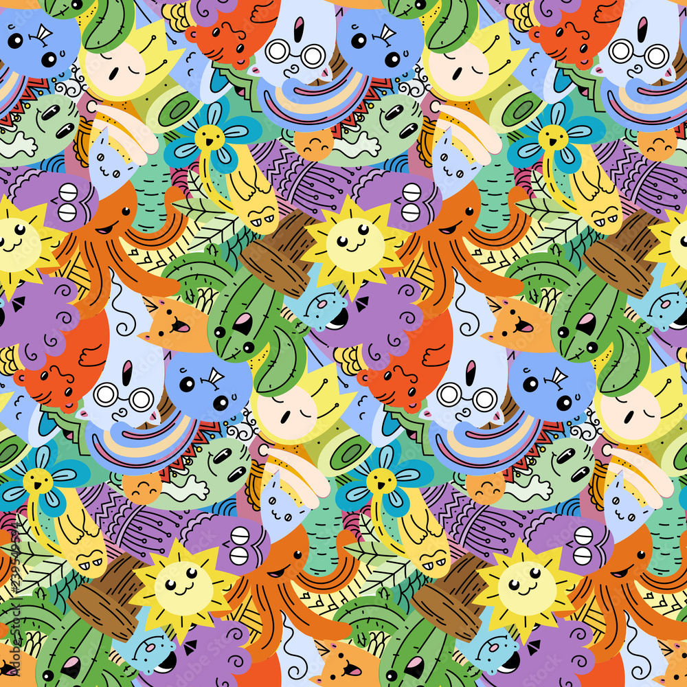 Naklejka premium Funny doodle monsters on seamless pattern for prints, designs and coloring books