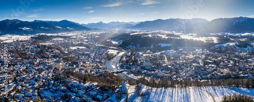 aerial famous old town of bad toelz kalvarienberg winter - bavaria - germany photo